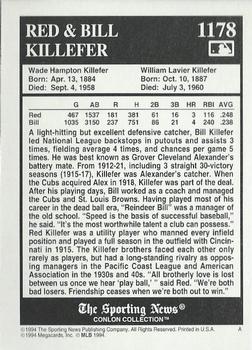 1994 Conlon Collection TSN #1178 Red Killefer / Bill Killefer Back