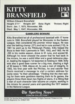 1994 Conlon Collection TSN #1193 Kitty Bransfield Back