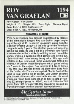 1994 Conlon Collection TSN #1194 Roy Van Graflan Back