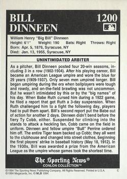 1994 Conlon Collection TSN #1200 Bill Dinneen Back