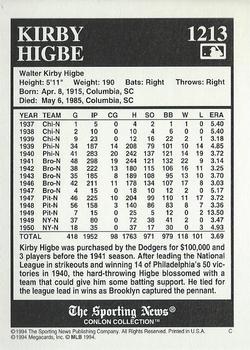 1994 Conlon Collection TSN #1213 Kirby Higbe Back