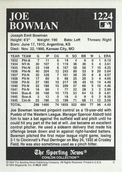1994 Conlon Collection TSN #1224 Joe Bowman Back