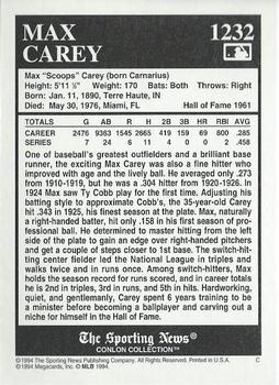 1994 Conlon Collection TSN #1232 Max Carey Back