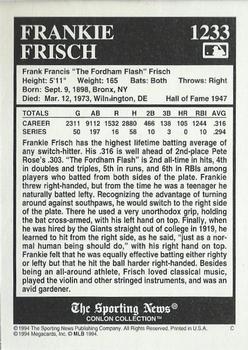 1994 Conlon Collection TSN #1233 Frankie Frisch Back
