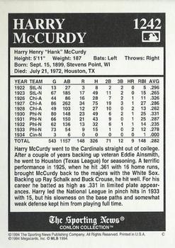 1994 Conlon Collection TSN #1242 Harry McCurdy Back