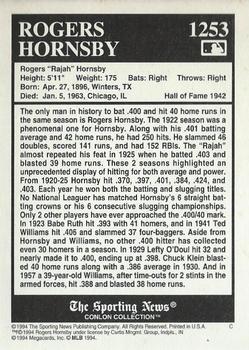 1994 Conlon Collection TSN #1253 Rogers Hornsby Back