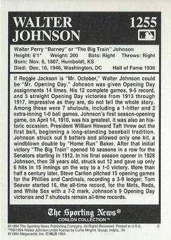1994 Conlon Collection TSN #1255 Walter Johnson Back