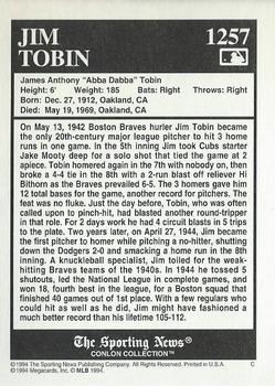 1994 Conlon Collection TSN #1257 Jim Tobin Back