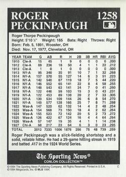 1994 Conlon Collection TSN #1258 Roger Peckinpaugh Back