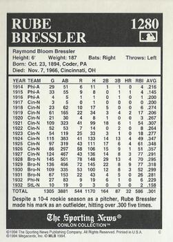 1994 Conlon Collection TSN #1280 Rube Bressler Back