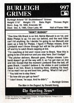 1994 Conlon Collection TSN - Burgundy #997 Burleigh Grimes Back