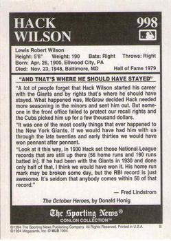 1994 Conlon Collection TSN - Burgundy #998 Hack Wilson Back