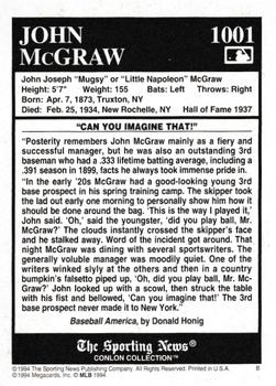 1994 Conlon Collection TSN - Burgundy #1001 John McGraw Back