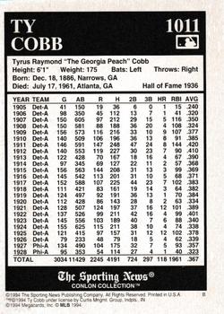1994 Conlon Collection TSN - Burgundy #1011 Ty Cobb Back