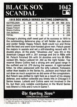 1994 Conlon Collection TSN - Burgundy #1042 1919 White Sox Outfielders (Nemo Leibold / Happy Felsch / Shano Collins / Joe Jackson) Back