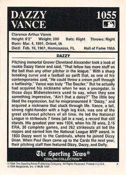 1994 Conlon Collection TSN - Burgundy #1055 Dazzy Vance Back
