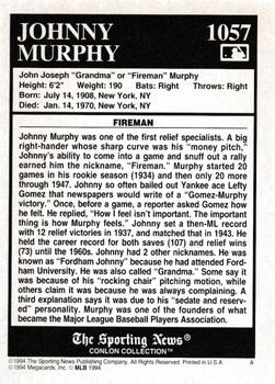 1994 Conlon Collection TSN - Burgundy #1057 Johnny Murphy Back