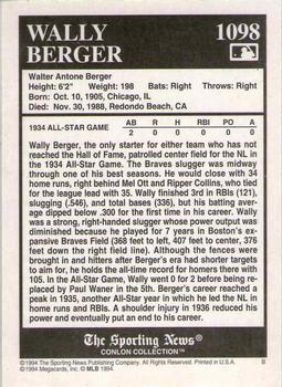 1994 Conlon Collection TSN - Burgundy #1098 Wally Berger Back