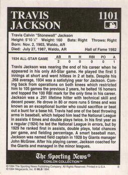 1994 Conlon Collection TSN - Burgundy #1101 Travis Jackson Back