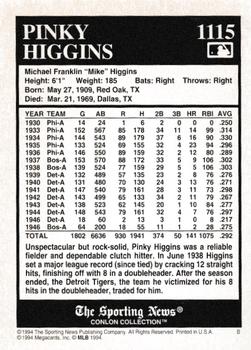 1994 Conlon Collection TSN - Burgundy #1115 Pinky Higgins Back