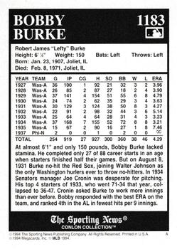 1994 Conlon Collection TSN - Burgundy #1183 Bobby Burke Back