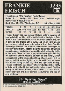 1994 Conlon Collection TSN - Burgundy #1233 Frankie Frisch Back