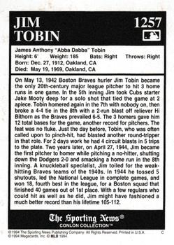 1994 Conlon Collection TSN - Burgundy #1257 Jim Tobin Back