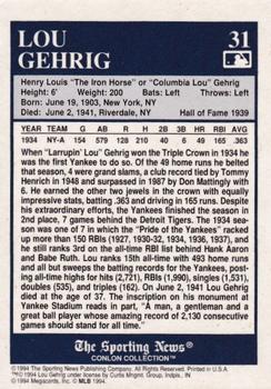 1994 Conlon Collection TSN - Color Photos #31 Lou Gehrig Back