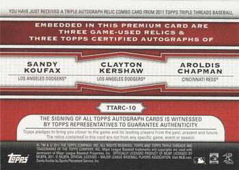 2011 Topps Triple Threads - Autograph Relic Combos #TTARC-10 Sandy Koufax / Clayton Kershaw / Aroldis Chapman Back
