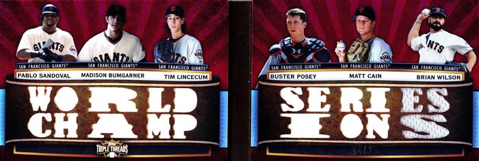 2011 Topps Triple Threads - Relic Combos Double #TTRDC-9 Pablo Sandoval / Madison Bumgarner / Tim Lincecum / Buster Posey / Matt Cain / Brian Wilson Front