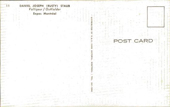 1969 Montreal Expos Postcards #11 Rusty Staub Back