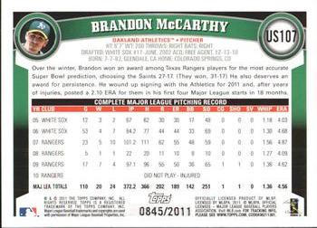 2011 Topps Update - Gold #US107 Brandon McCarthy Back
