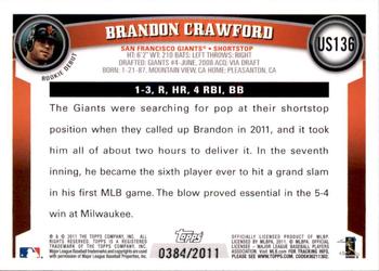 2011 Topps Update - Gold #US136 Brandon Crawford Back