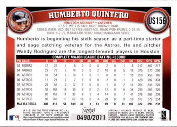 2011 Topps Update - Gold #US156 Humberto Quintero Back