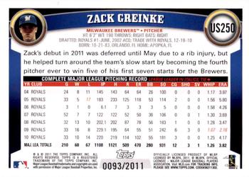 2011 Topps Update - Gold #US250 Zack Greinke Back