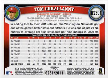 2011 Topps Update - Gold #US301 Tom Gorzelanny Back