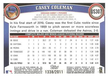 2011 Topps Update - Gold #US307 Casey Coleman Back