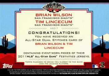 2011 Topps Update - All-Star Stitches Dual #ASD-7 Brian Wilson / Tim Lincecum Back