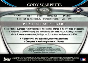 2011 Bowman Platinum - Prospect Autograph Refractors #BPA-CS Cody Scarpetta Back