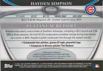 2011 Bowman Platinum - Prospect Autograph Refractors #BPA-HS Hayden Simpson Back