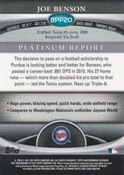 2011 Bowman Platinum - Prospects #BPP20 Joe Benson Back