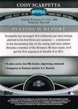 2011 Bowman Platinum - Prospects Purple Refractors #BPP52 Cody Scarpetta Back
