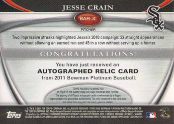 2011 Bowman Platinum - Relic Autograph Blue Refractors #BAR-JC Jesse Crain Back