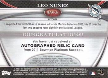 2011 Bowman Platinum - Relic Autograph Blue Refractors #BAR-LN Leo Nunez Back