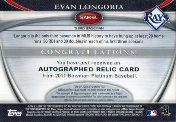 2011 Bowman Platinum - Relic Autograph Gold Refractors #BAR-EL Evan Longoria Back