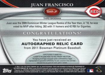 2011 Bowman Platinum - Relic Autograph Green Refractors #BAR-JF Juan Francisco Back