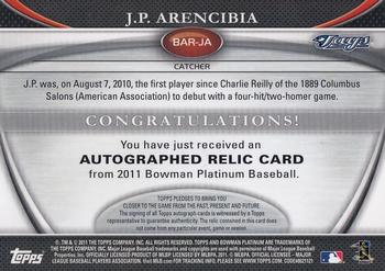 2011 Bowman Platinum - Relic Autograph Refractors #BAR-JA J.P. Arencibia Back