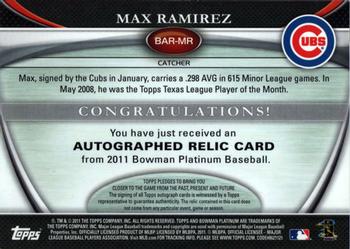 2011 Bowman Platinum - Relic Autograph Refractors #BAR-MR Max Ramirez Back
