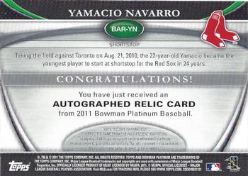2011 Bowman Platinum - Relic Autograph Refractors #BAR-YN Yamaico Navarro Back