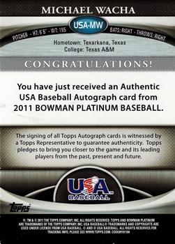 2011 Bowman Platinum - Team USA National Team Autographs #USA-MW Michael Wacha Back